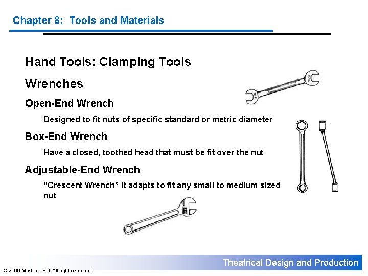 Chapter 8: Tools and Materials Hand Tools: Clamping Tools Wrenches Open-End Wrench Designed to