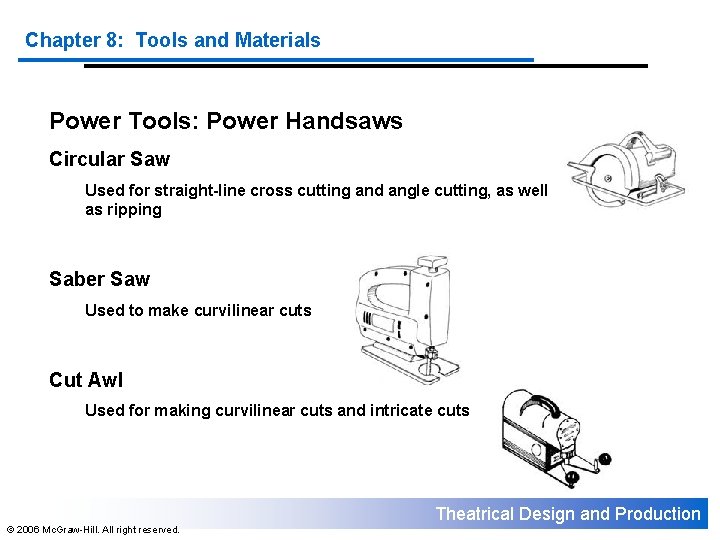 Chapter 8: Tools and Materials Power Tools: Power Handsaws Circular Saw Used for straight-line