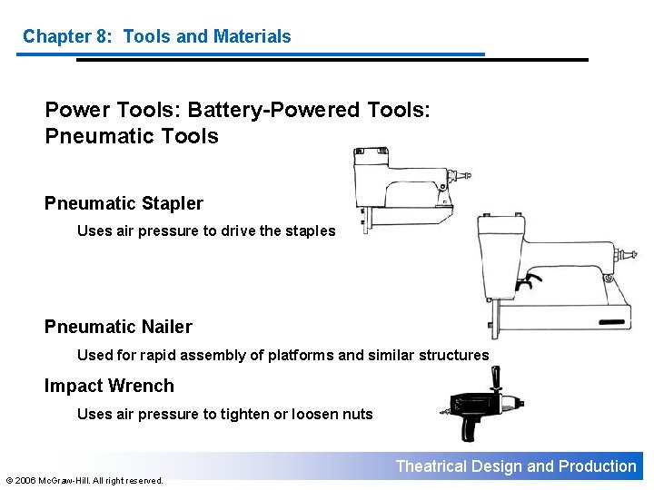 Chapter 8: Tools and Materials Power Tools: Battery-Powered Tools: Pneumatic Tools Pneumatic Stapler Uses