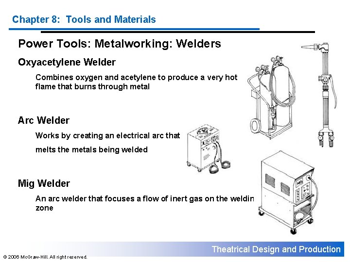 Chapter 8: Tools and Materials Power Tools: Metalworking: Welders Oxyacetylene Welder Combines oxygen and