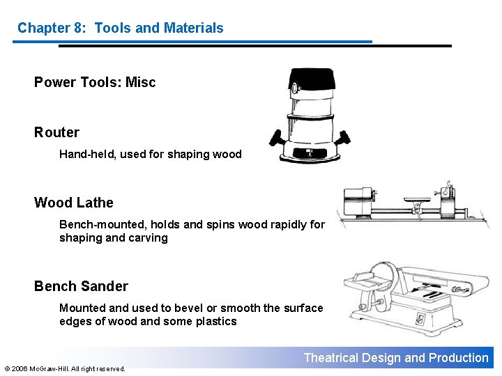 Chapter 8: Tools and Materials Power Tools: Misc Router Hand-held, used for shaping wood