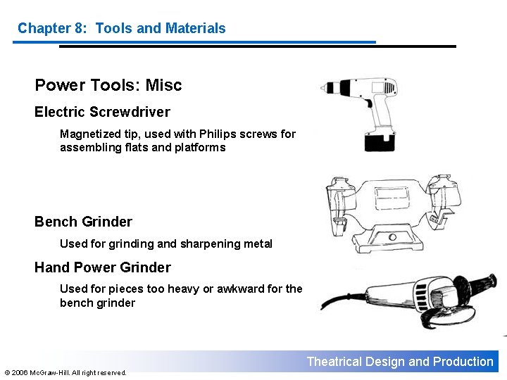 Chapter 8: Tools and Materials Power Tools: Misc Electric Screwdriver Magnetized tip, used with