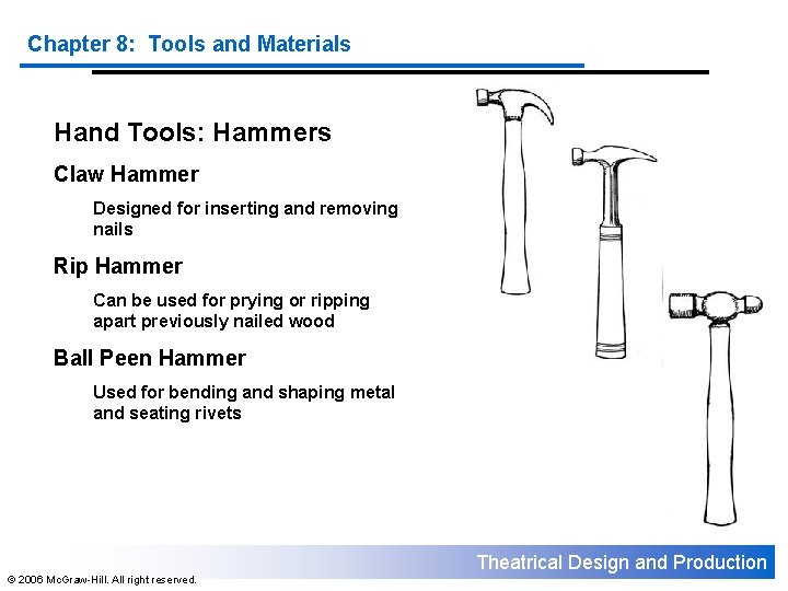 Chapter 8: Tools and Materials Hand Tools: Hammers Claw Hammer Designed for inserting and