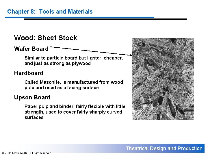Chapter 8: Tools and Materials Wood: Sheet Stock Wafer Board Similar to particle board