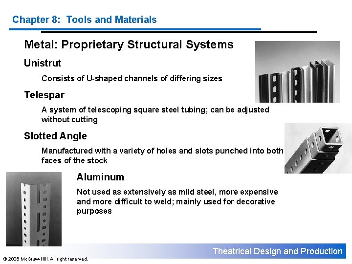 Chapter 8: Tools and Materials Metal: Proprietary Structural Systems Unistrut Consists of U-shaped channels