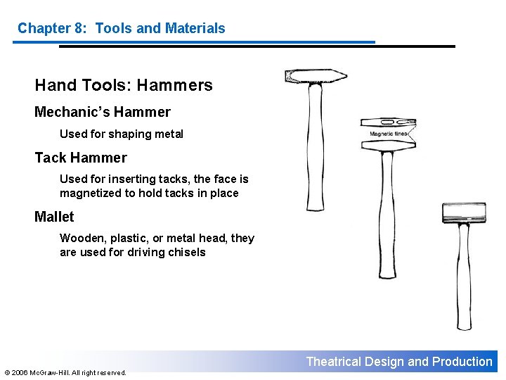Chapter 8: Tools and Materials Hand Tools: Hammers Mechanic’s Hammer Used for shaping metal