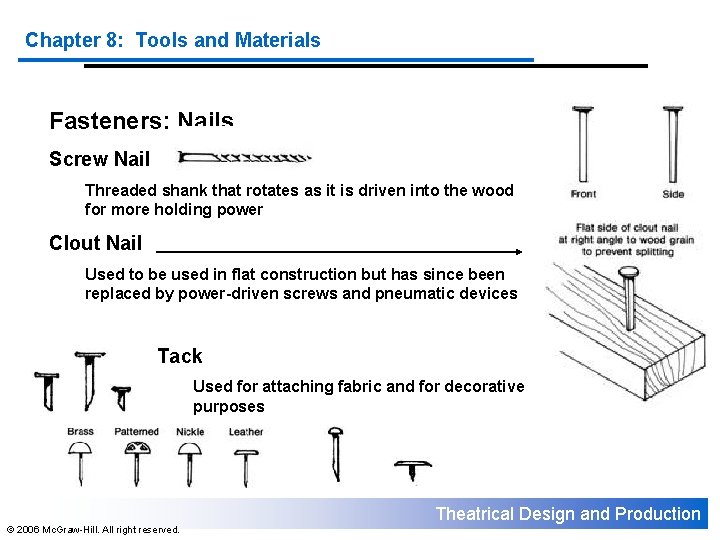 Chapter 8: Tools and Materials Fasteners: Nails Screw Nail Threaded shank that rotates as