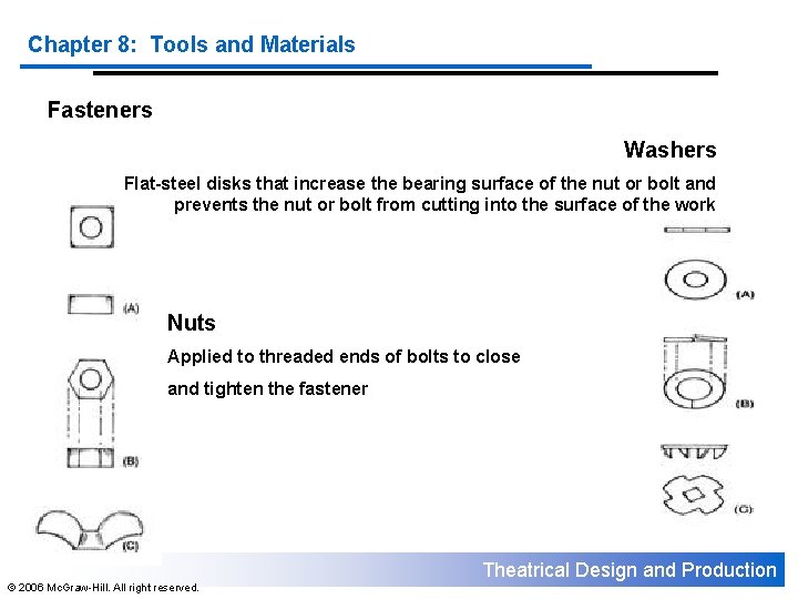 Chapter 8: Tools and Materials Fasteners Washers Flat-steel disks that increase the bearing surface