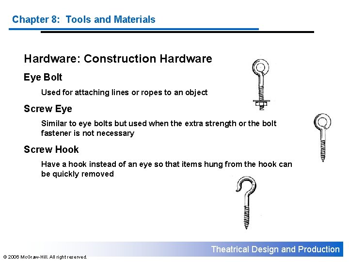 Chapter 8: Tools and Materials Hardware: Construction Hardware Eye Bolt Used for attaching lines