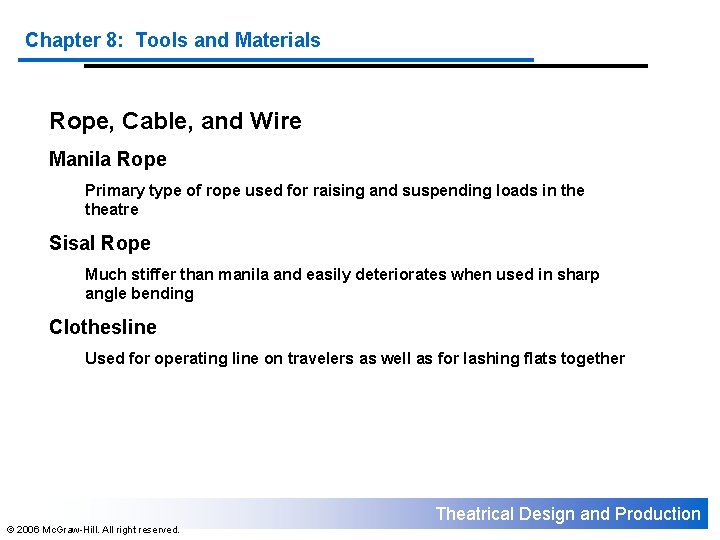 Chapter 8: Tools and Materials Rope, Cable, and Wire Manila Rope Primary type of