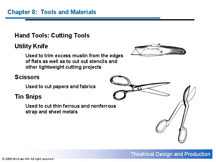 Chapter 8: Tools and Materials Hand Tools: Cutting Tools Utility Knife Used to trim