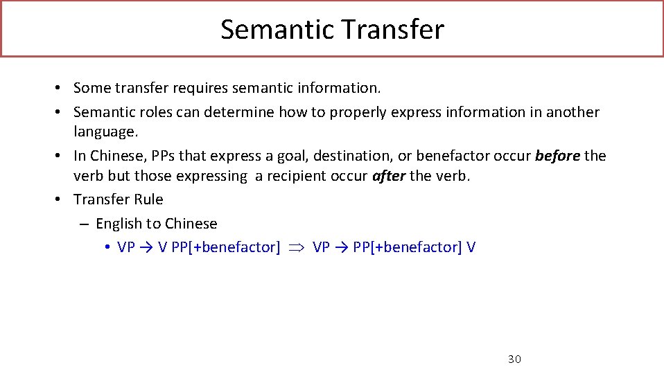Semantic Transfer • Some transfer requires semantic information. • Semantic roles can determine how