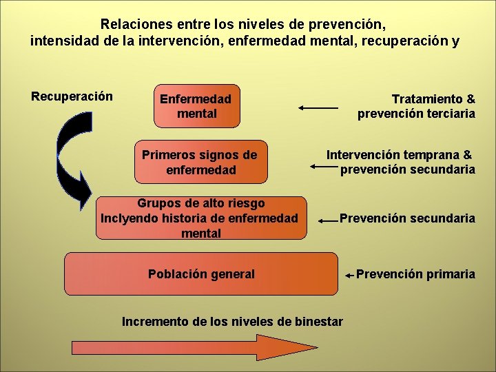 Relaciones entre los niveles de prevención, intensidad de la intervención, enfermedad mental, recuperación y