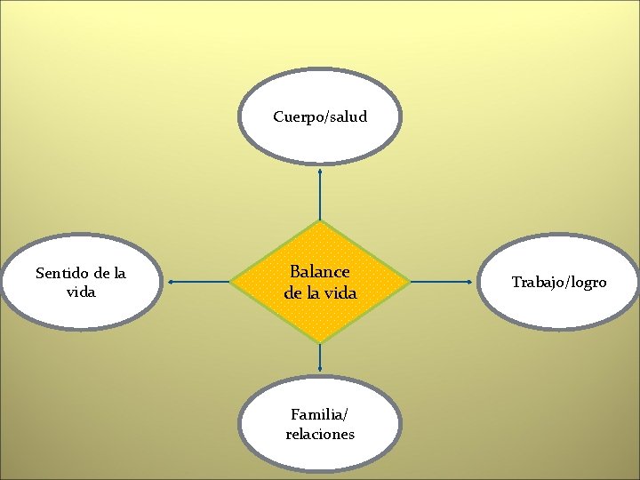 Cuerpo/salud Sentido de la vida Balance de la vida Familia/ relaciones Trabajo/logro 