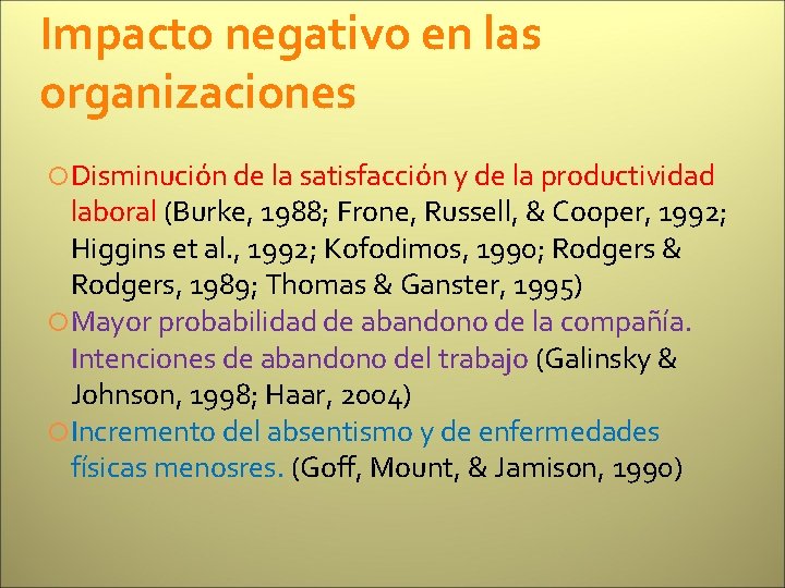 Impacto negativo en las organizaciones Disminución de la satisfacción y de la productividad laboral