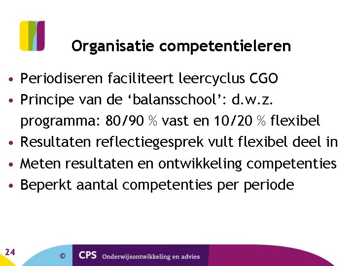Organisatie competentieleren • Periodiseren faciliteert leercyclus CGO • Principe van de ‘balansschool’: d. w.