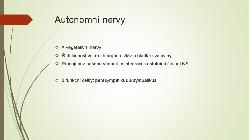 Autonomní nervy = vegetativní nervy Řídí činnost vnitřních orgánů, žláz a hladké svaloviny Pracují