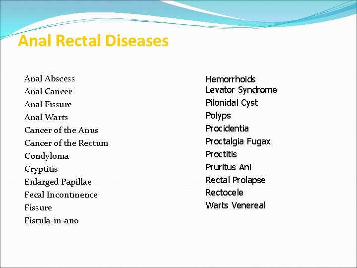 Anal Rectal Diseases Anal Abscess Anal Cancer Anal Fissure Anal Warts Cancer of the