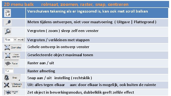 2 D menu balk rolmaat, zoomen, raster, snap, centreren Verschuiven tekening als er ingezoomd