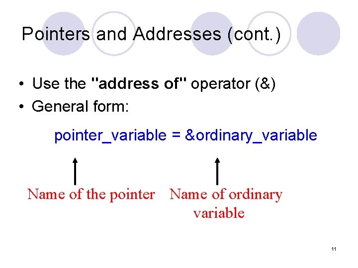 Pointers and Addresses (cont. ) • Use the "address of" operator (&) • General