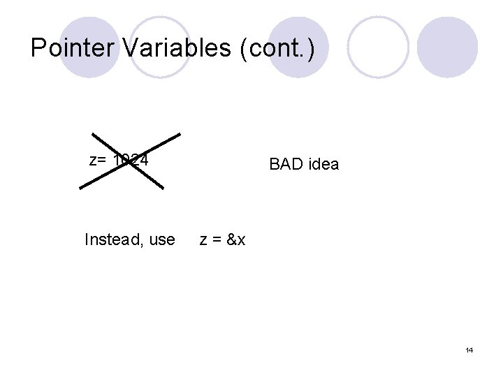 Pointer Variables (cont. ) z= 1024 Instead, use BAD idea z = &x 14