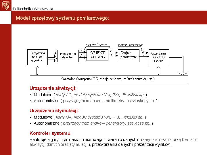 Model sprzętowy systemu pomiarowego: Urządzenia akwizycji: • Modułowe ( karty AC, moduły systemu VXI,