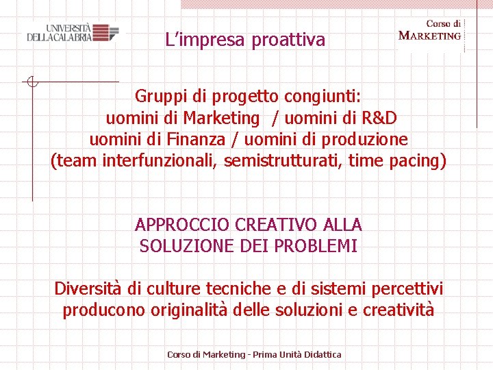 L’impresa proattiva Gruppi di progetto congiunti: uomini di Marketing / uomini di R&D uomini