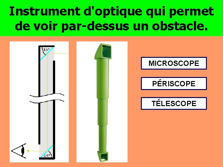 Instrument d'optique qui permet de voir par-dessus un obstacle. MICROSCOPE PÉRISCOPE TÉLESCOPE 