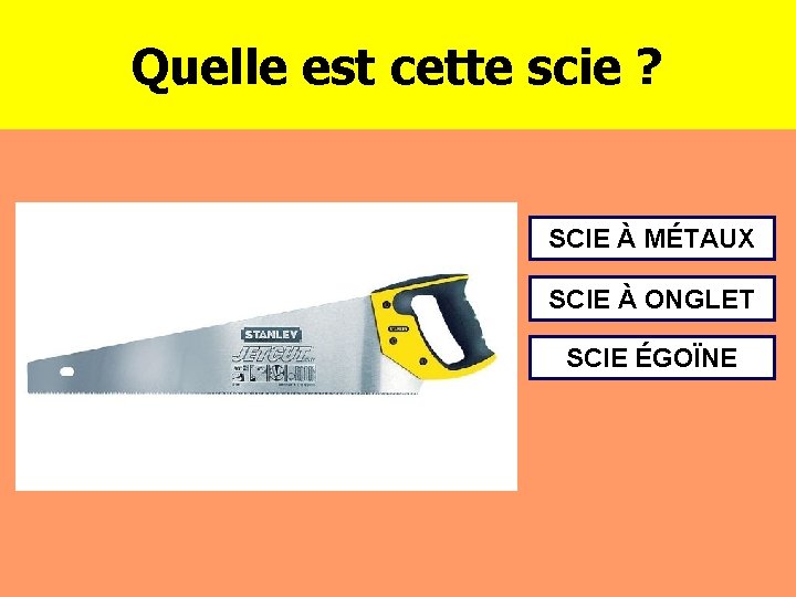 Quelle est cette scie ? SCIE À MÉTAUX SCIE À ONGLET SCIE ÉGOÏNE 