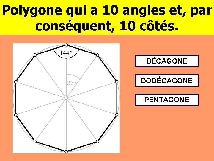 Polygone qui a 10 angles et, par conséquent, 10 côtés. DÉCAGONE DODÉCAGONE PENTAGONE 