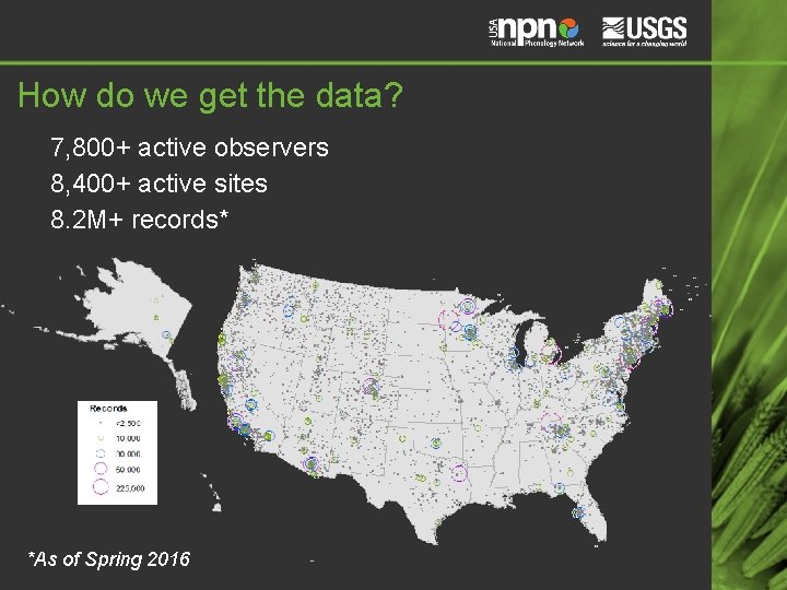How do we get the data? 7, 800+ active observers 8, 400+ active sites