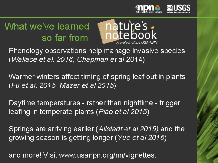 What we’ve learned so far from Phenology observations help manage invasive species (Wallace et