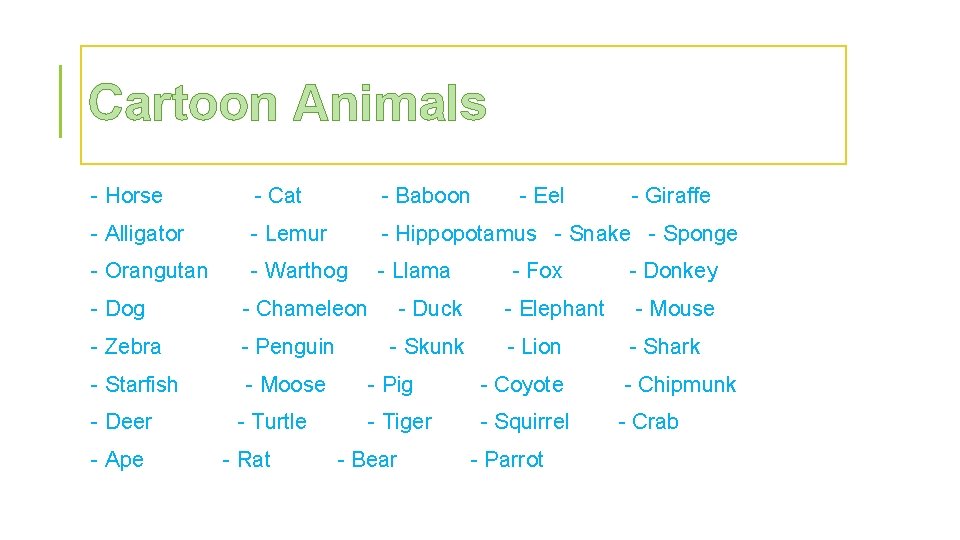 Cartoon Animals - Horse - Cat - Baboon - Alligator - Lemur - Hippopotamus