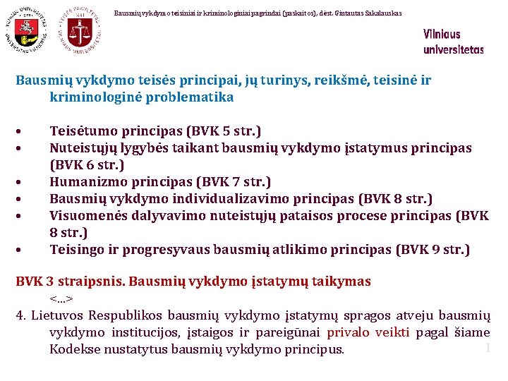 Bausmių vykdymo teisiniai ir kriminologiniai pagrindai (paskaitos), dėst. Gintautas Sakalauskas Bausmių vykdymo teisės principai,