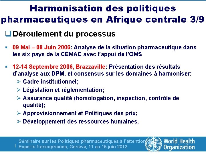 Harmonisation des politiques pharmaceutiques en Afrique centrale 3/9 q Déroulement du processus § 09