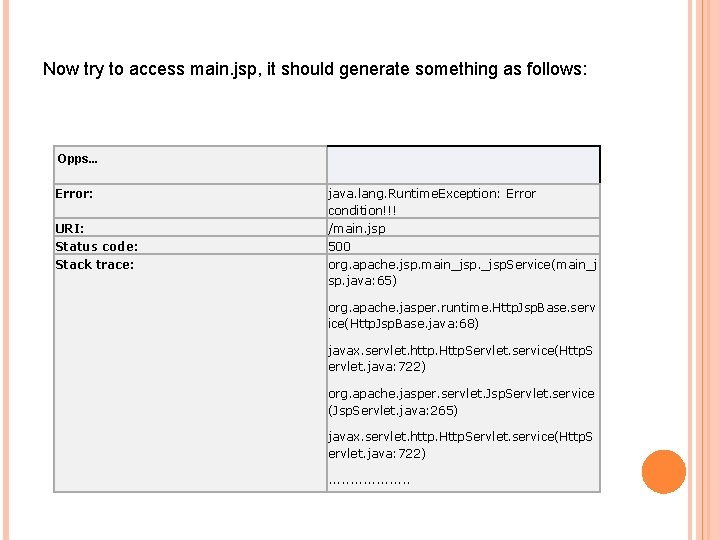 Now try to access main. jsp, it should generate something as follows: Opps. .