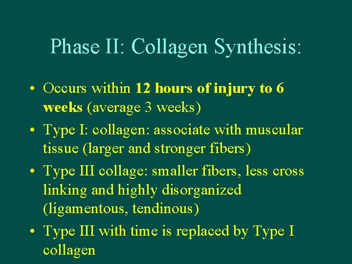 Phase II: Collagen Synthesis: • Occurs within 12 hours of injury to 6 weeks