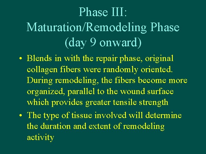 Phase III: Maturation/Remodeling Phase (day 9 onward) • Blends in with the repair phase,