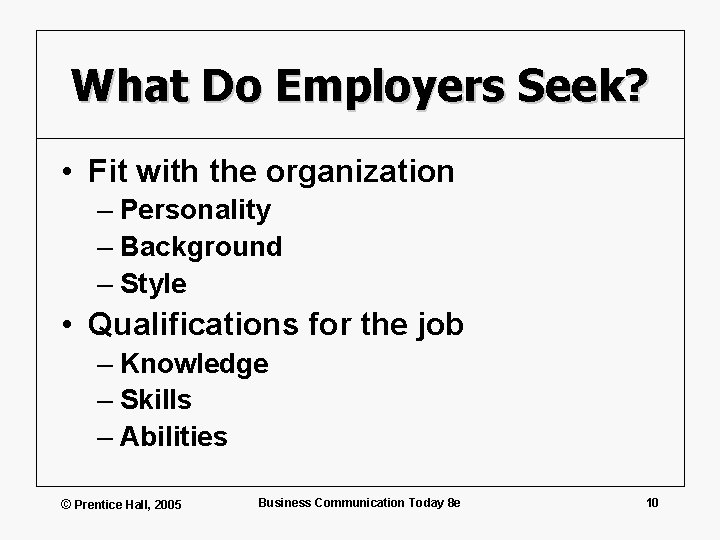 What Do Employers Seek? • Fit with the organization – Personality – Background –