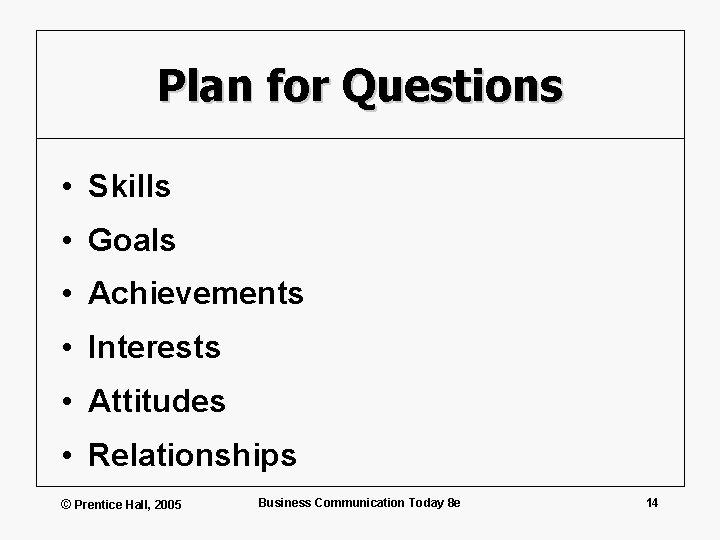 Plan for Questions • Skills • Goals • Achievements • Interests • Attitudes •