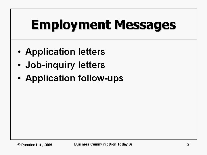 Employment Messages • Application letters • Job-inquiry letters • Application follow-ups © Prentice Hall,