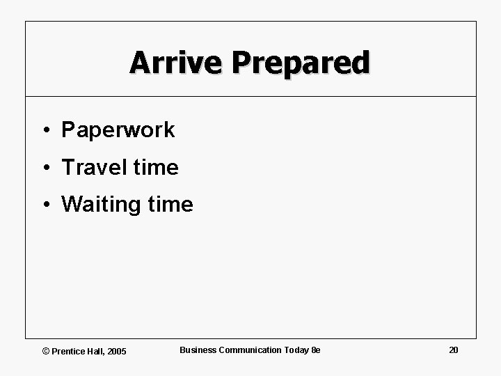 Arrive Prepared • Paperwork • Travel time • Waiting time © Prentice Hall, 2005