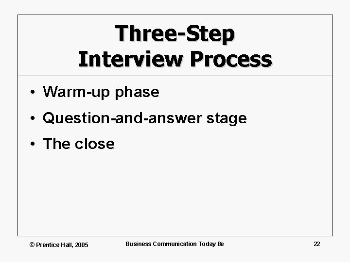 Three-Step Interview Process • Warm-up phase • Question-and-answer stage • The close © Prentice