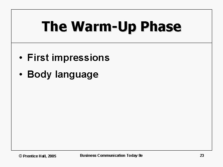 The Warm-Up Phase • First impressions • Body language © Prentice Hall, 2005 Business