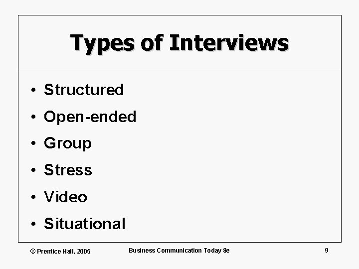 Types of Interviews • Structured • Open-ended • Group • Stress • Video •