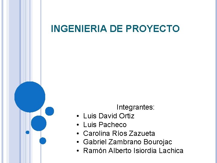 INGENIERIA DE PROYECTO • • • Integrantes: Luis David Ortiz Luis Pacheco Carolina Ríos