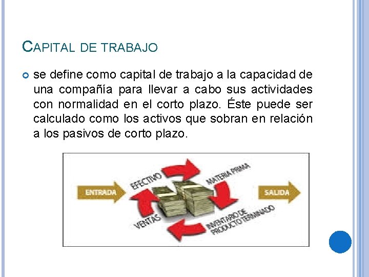 CAPITAL DE TRABAJO se define como capital de trabajo a la capacidad de una