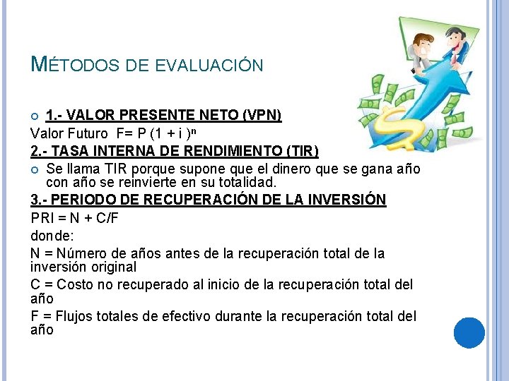 MÉTODOS DE EVALUACIÓN 1. - VALOR PRESENTE NETO (VPN) Valor Futuro F= P (1