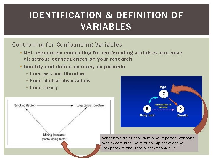 IDENTIFICATION & DEFINITION OF VARIABLES Controlling for Confounding Variables § Not adequately controlling for