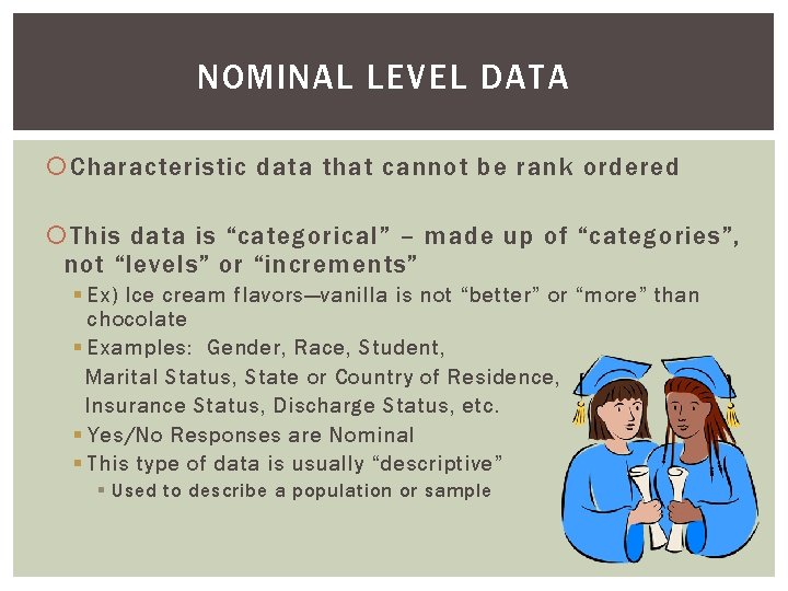 NOMINAL LEVEL DATA Characteristic data that cannot be rank ordered This data is “categorical”